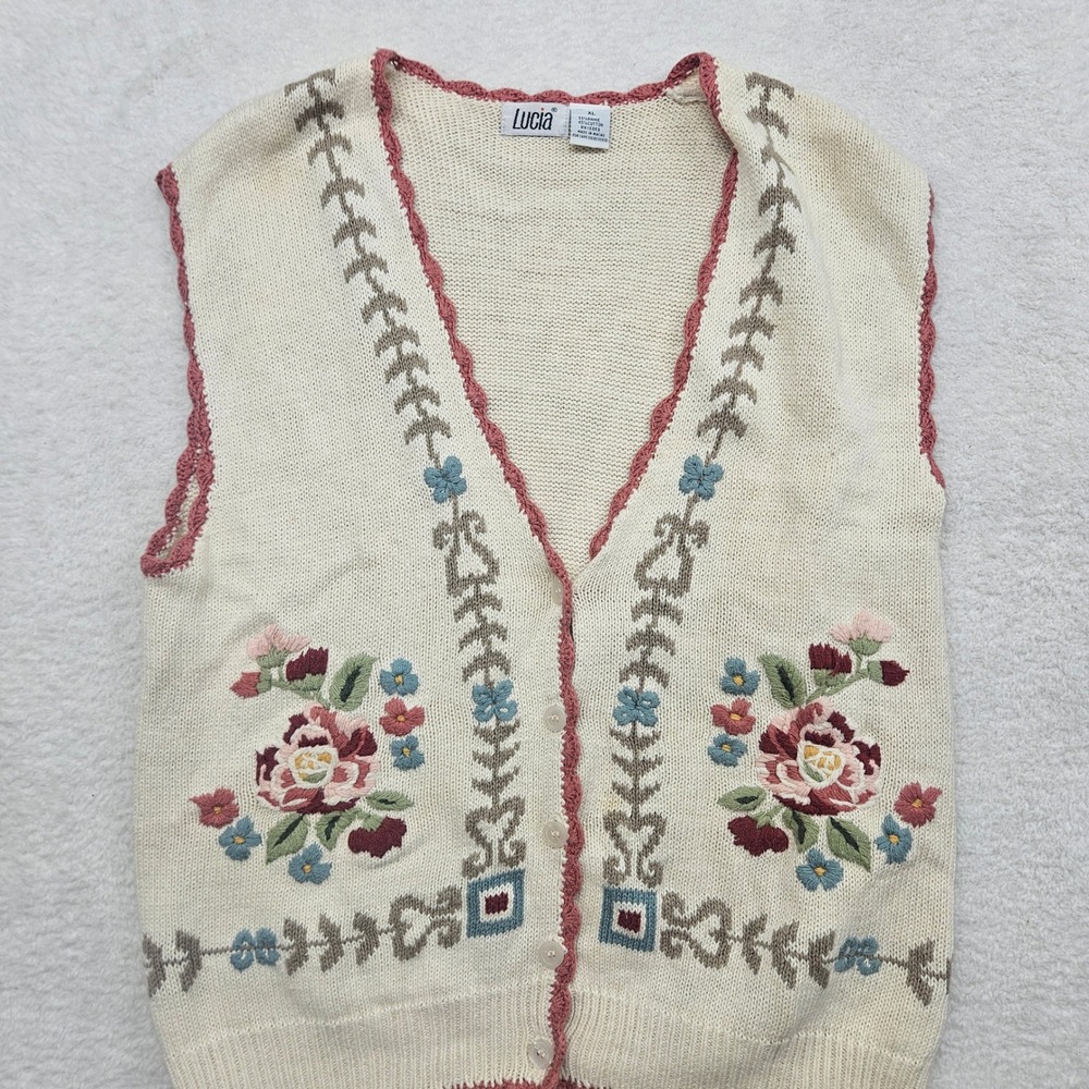 Lucia Vintage Floral Embroidered Knit Sweater Vest Cream Pink Granny Core XL